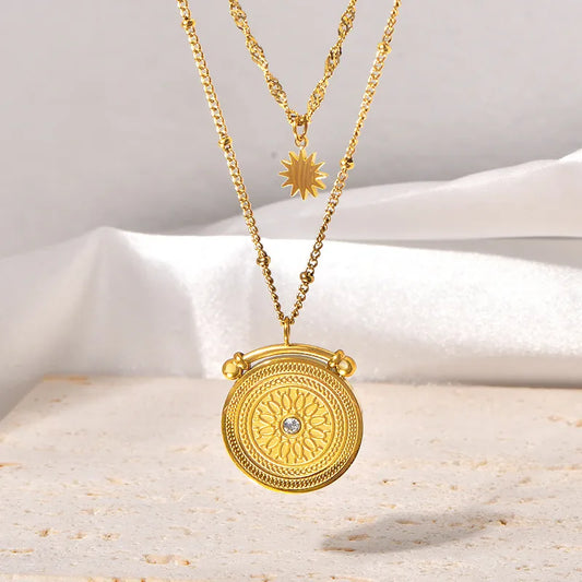 Wholesale Jewelry Vacation Simple Style Classic Style Geometric 304 Stainless Steel Rhinestones 18K Gold Plated Inlay Double Layer Necklaces