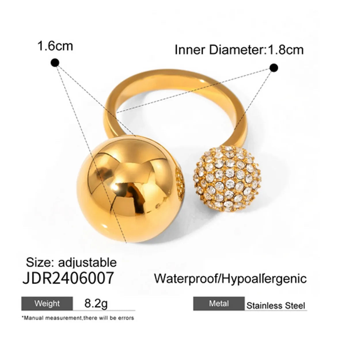 Wholesale Jewelry Vacation Simple Style IG Style Ball 316 Stainless Steel  Rhinestones 18K Gold Plated Inlay Open Rings