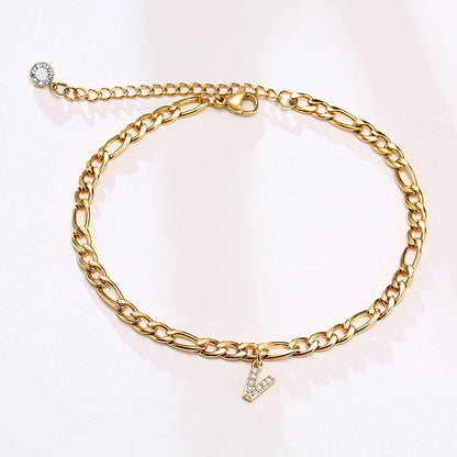 Wholesale Jewelry Vacation Simple Style Letter 201 Stainless Steel Zircon 18K Gold Plated Plating Inlay Anklet