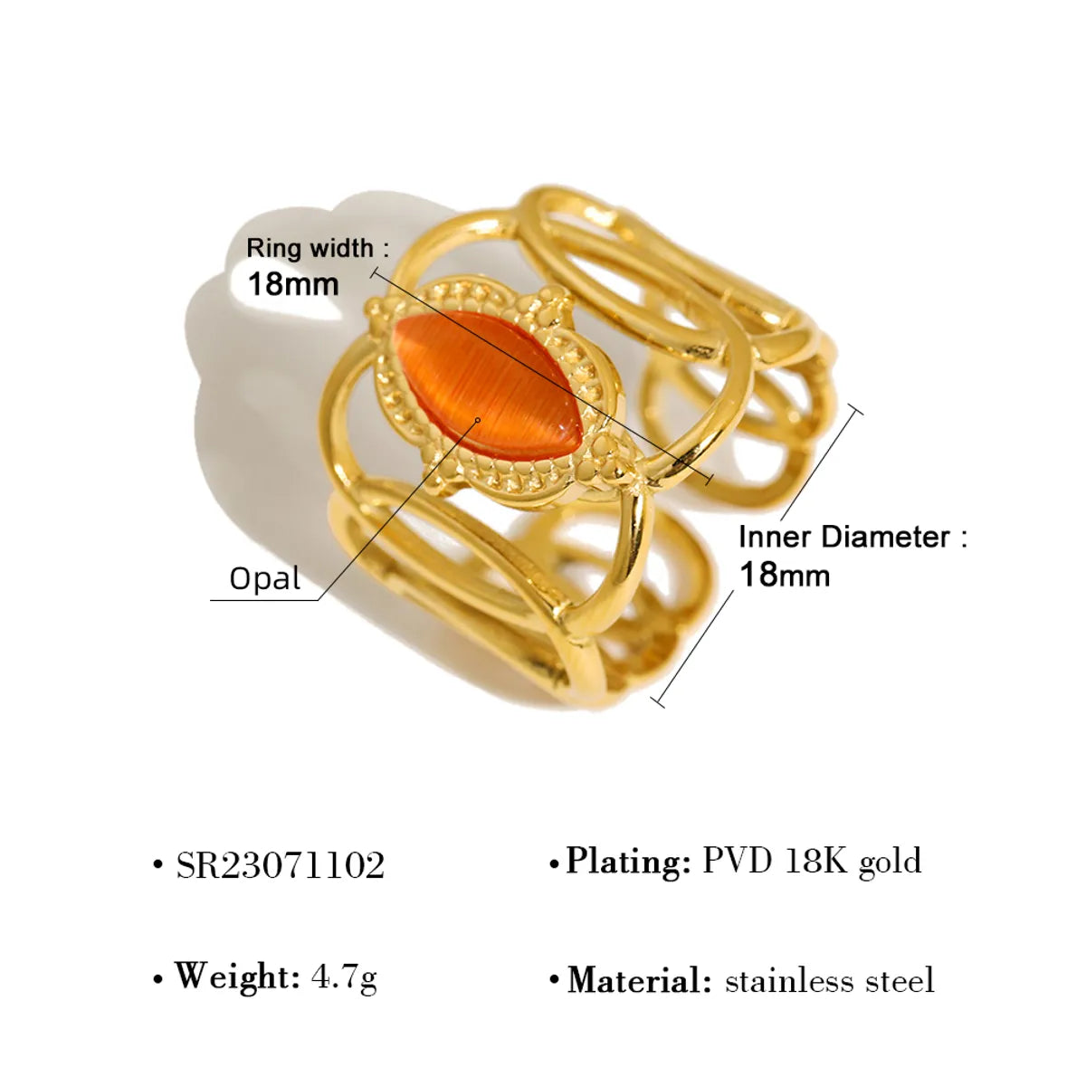 Wholesale Jewelry Vacation Simple Style Solid Color 304 Stainless Steel Natural Stone 18K Gold Plated Plating Inlay Rings