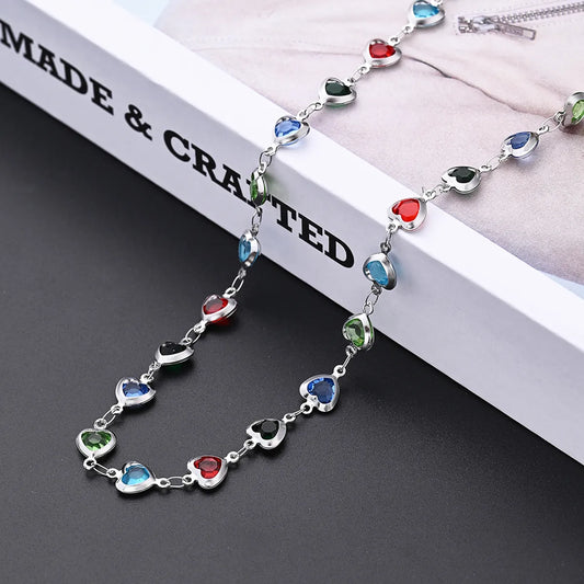 Wholesale Jewelry Vacation Sweet Korean Style Heart Shape 304 Stainless Steel Glass Handmade Transparent Necklace