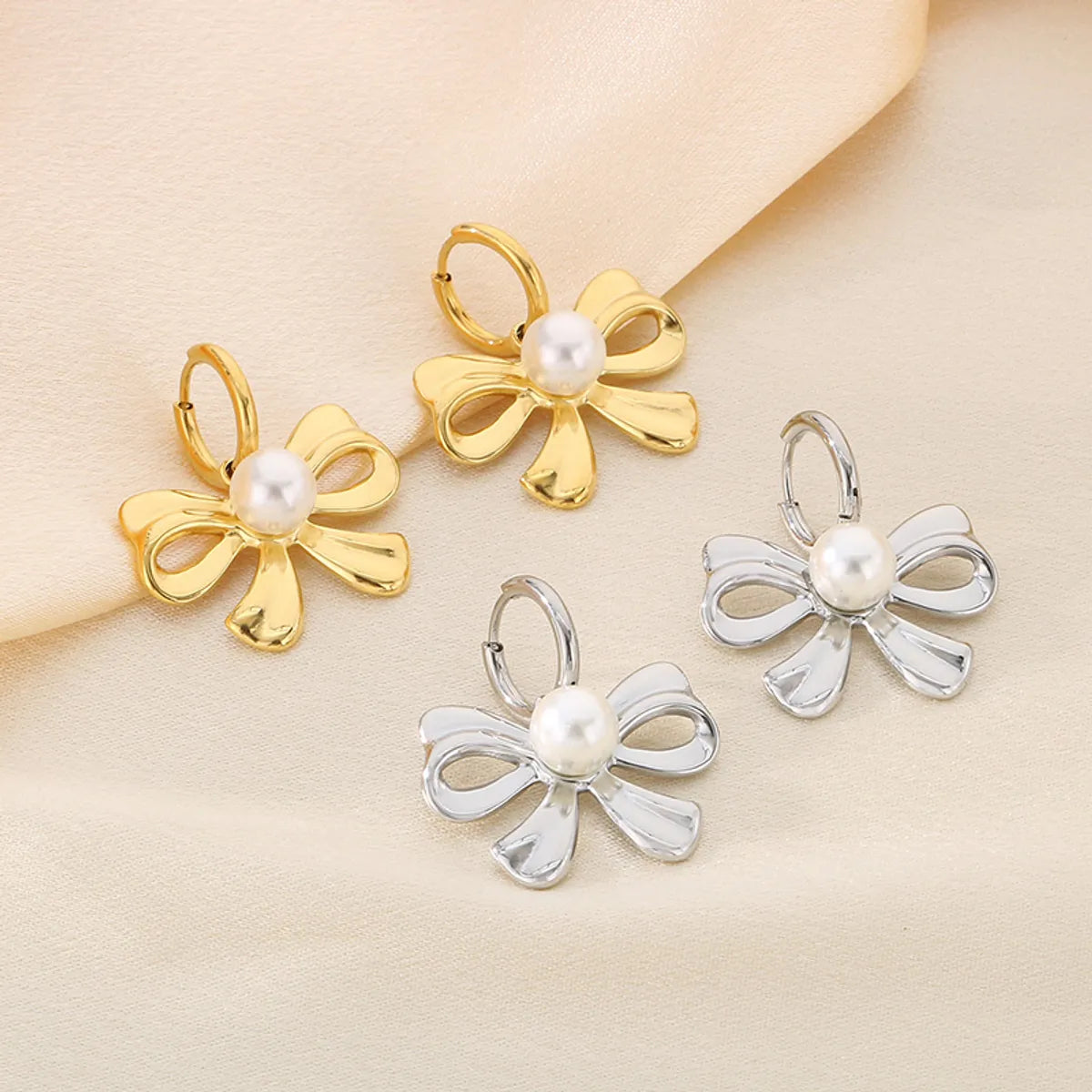 Wholesale Jewelry Vintage Style Bow Knot 304 Stainless Steel Shell 18K Gold Plated Earrings Necklace