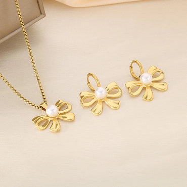 Wholesale Jewelry Vintage Style Bow Knot 304 Stainless Steel Shell 18K Gold Plated Earrings Necklace