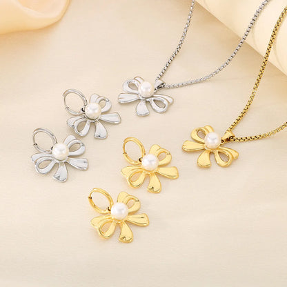 Wholesale Jewelry Vintage Style Bow Knot 304 Stainless Steel Shell 18K Gold Plated Earrings Necklace