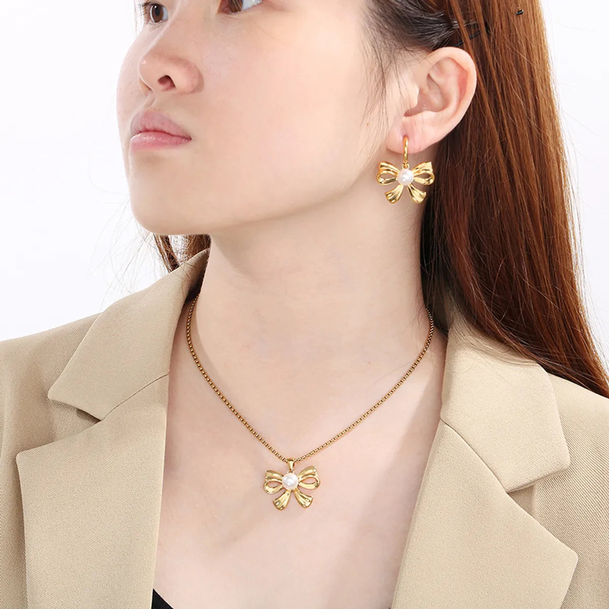 Wholesale Jewelry Vintage Style Bow Knot 304 Stainless Steel Shell 18K Gold Plated Earrings Necklace