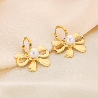 Wholesale Jewelry Vintage Style Bow Knot 304 Stainless Steel Shell 18K Gold Plated Earrings Necklace