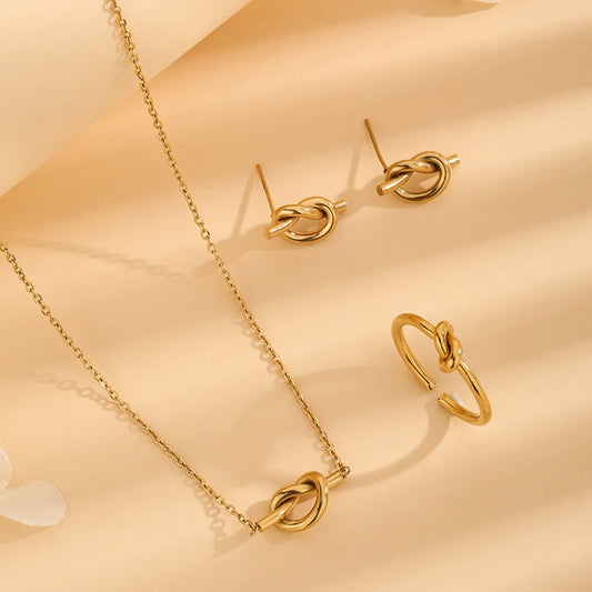 Wholesale Jewelry Vintage Style Classic Style Solid Color Knot 304 Stainless Steel 18K Gold Plated Earrings Necklace Jewelry Set