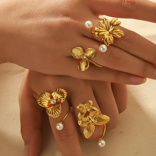 Wholesale Jewelry Vintage Style French Style Leaf Flower Butterfly 304 Stainless Steel Artificial Pearls Zircon 18K Gold Plated Plating Inlay Open Rings