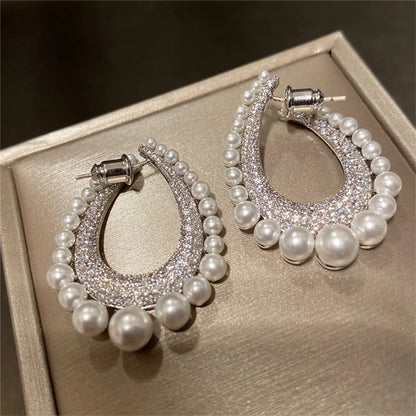 Wholesale Jewelry Vintage Style Luxurious French Style Geometric Imitation Pearl Alloy Acrylic Rhinestones Silver Plated Plating Inlay Earrings