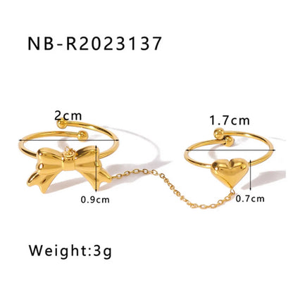 Wholesale Jewelry Vintage Style Modern Style Simple Style Heart Shape Bow Knot 304 Stainless Steel 18K Gold Plated Plating Open Rings