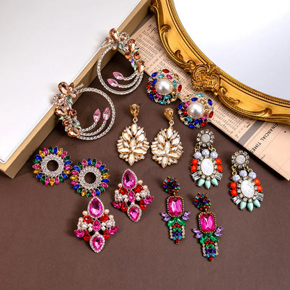 Wholesale Jewelry Vintage Style Round Water Droplets Rhombus Alloy Rhinestones Inlay Drop Earrings Ear Studs