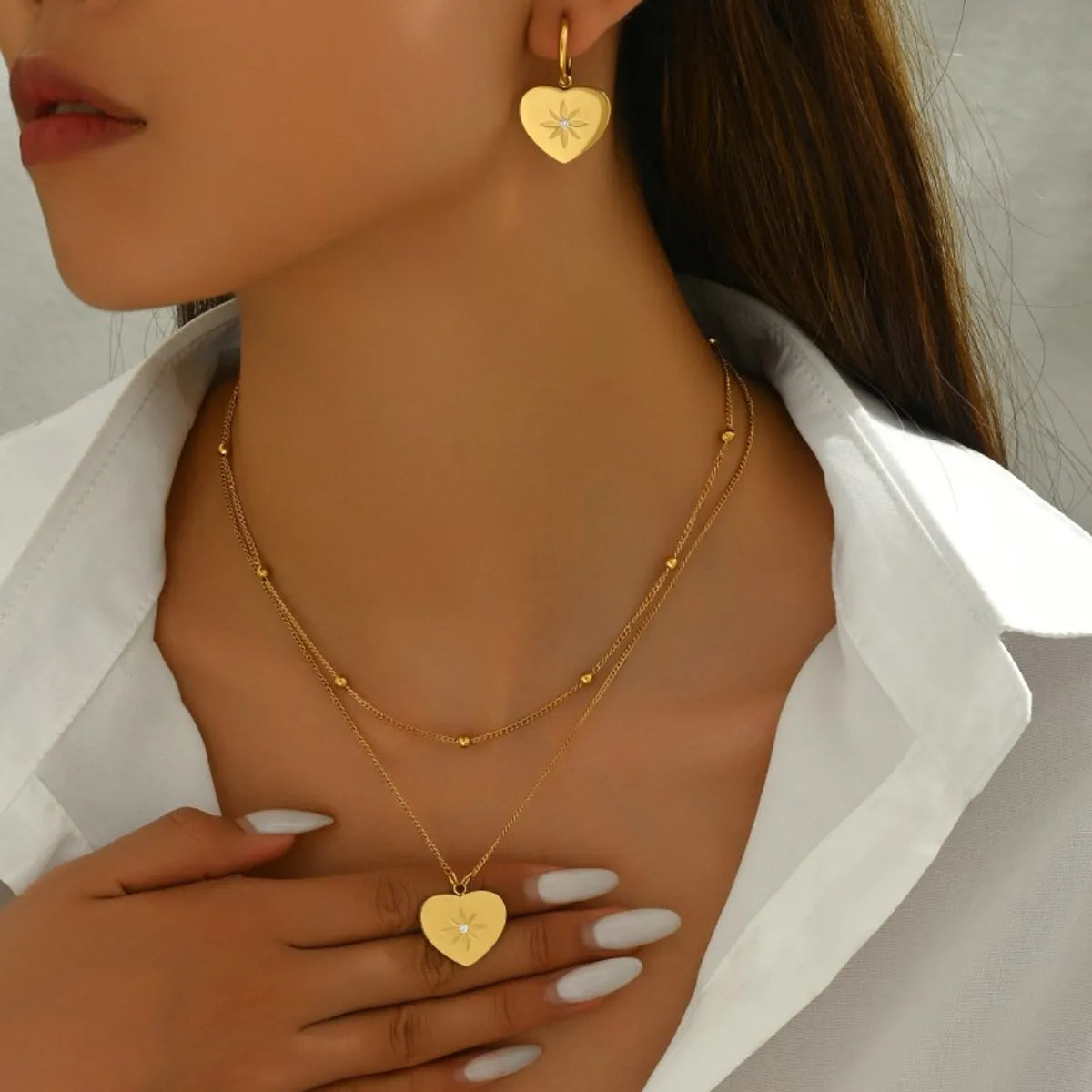 Wholesale Jewelry Vintage Style Simple Style Heart Shape 304 Stainless Steel Rhinestones 18K Gold Plated Inlay Jewelry Set