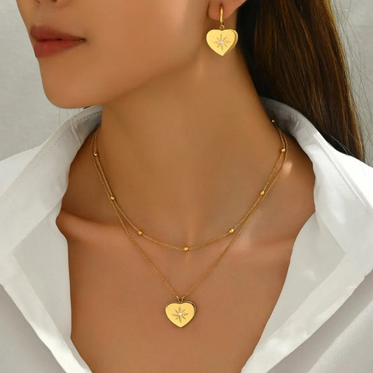 Wholesale Jewelry Vintage Style Simple Style Heart Shape 304 Stainless Steel Rhinestones 18K Gold Plated Inlay Jewelry Set