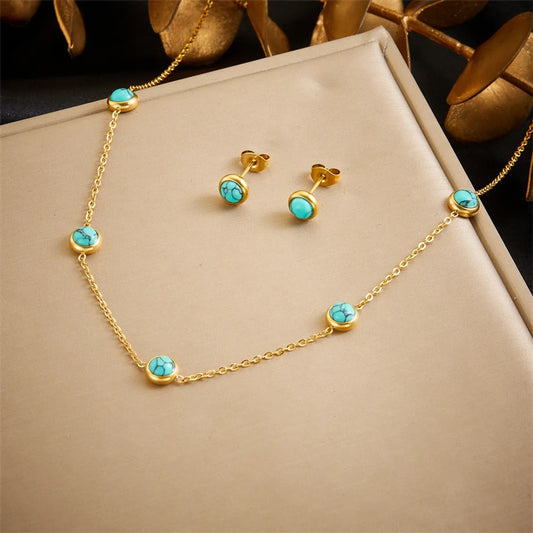 Wholesale Jewelry Vintage Style Simple Style Round 304 Stainless Steel Turquoise 18K Gold Plated Inlay Jewelry Set