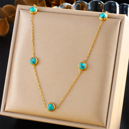 Wholesale Jewelry Vintage Style Simple Style Round 304 Stainless Steel Turquoise 18K Gold Plated Inlay Jewelry Set