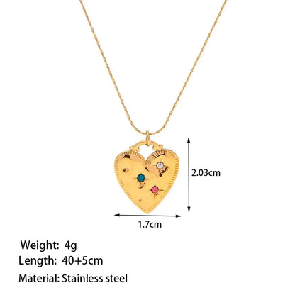 Wholesale Jewelry Vintage Style Simple Style Round Heart Shape Rectangle 304 Stainless Steel Artificial Rhinestones 18K Gold Plated Polishing Plating Inlay Pendant Necklace