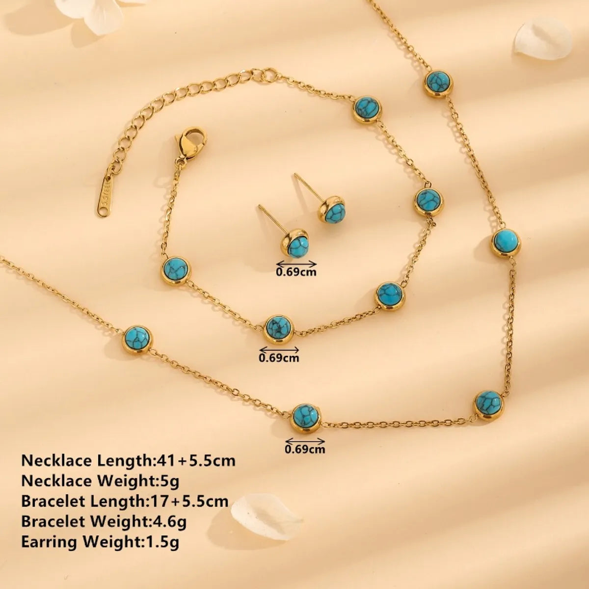 Wholesale Jewelry Vintage Style Simple Style Stone 304 Stainless Steel Turquoise 18K Gold Plated Inlay Jewelry Set