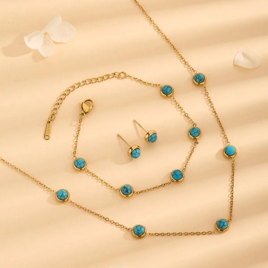 Wholesale Jewelry Vintage Style Simple Style Stone 304 Stainless Steel Turquoise 18K Gold Plated Inlay Jewelry Set