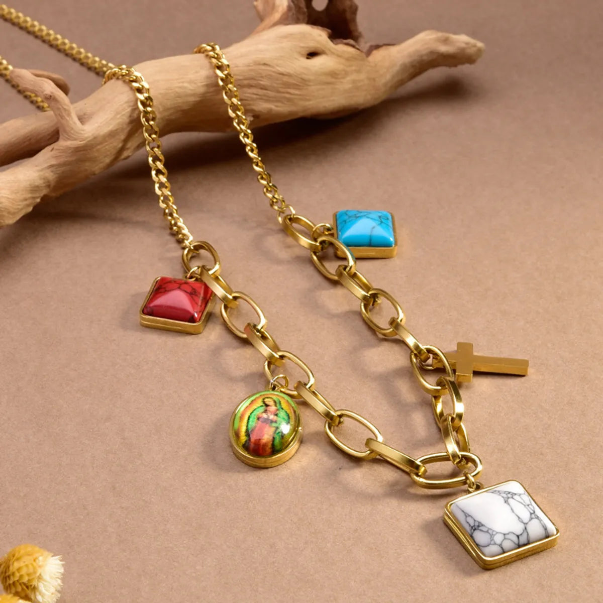 Wholesale Jewelry Y2K Sweet Cross Heart Shape 304 Stainless Steel Turquoise Resin Opal 18K Gold Plated Plating Inlay Pendant Necklace