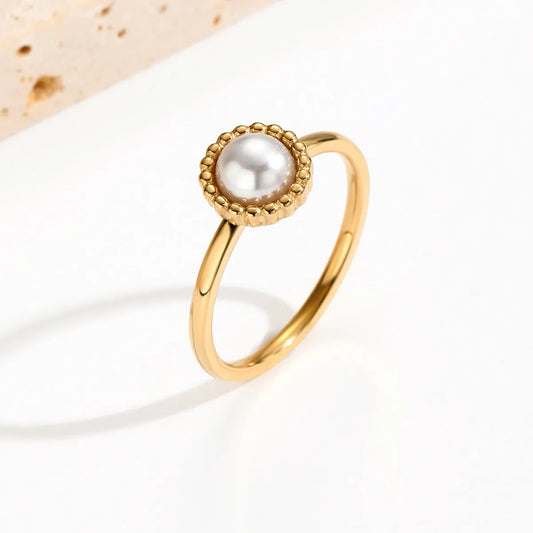 Korean Style Round Stainless Steel Plating Inlay Artificial Pearls 14k Gold Plated Rings