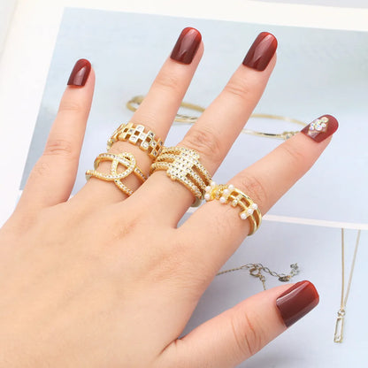 Wholesale Modern Style Simple Style Geometric Copper Plating Inlay 18K Gold Plated Artificial Pearls Zircon Rings