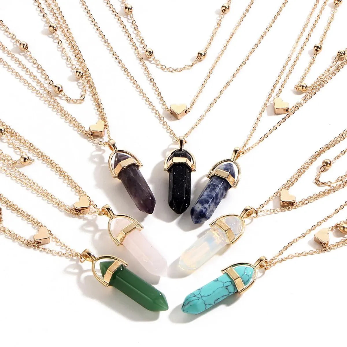 Wholesale Necklace Fashion Jewelry Hexagonal Diamond Gemstone Natural Stone Love Copper Bead Chain Multilayer Necklace