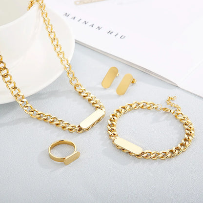 European And American New Fashion Stainless Steel Cuban Link Chain Gold Square Brand Necklace Earrings Four-piece Set Female Accessories Wholesale