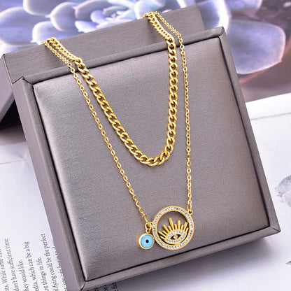 Wholesale Novelty Sun Eye Titanium Steel Rhinestones Layered Necklaces