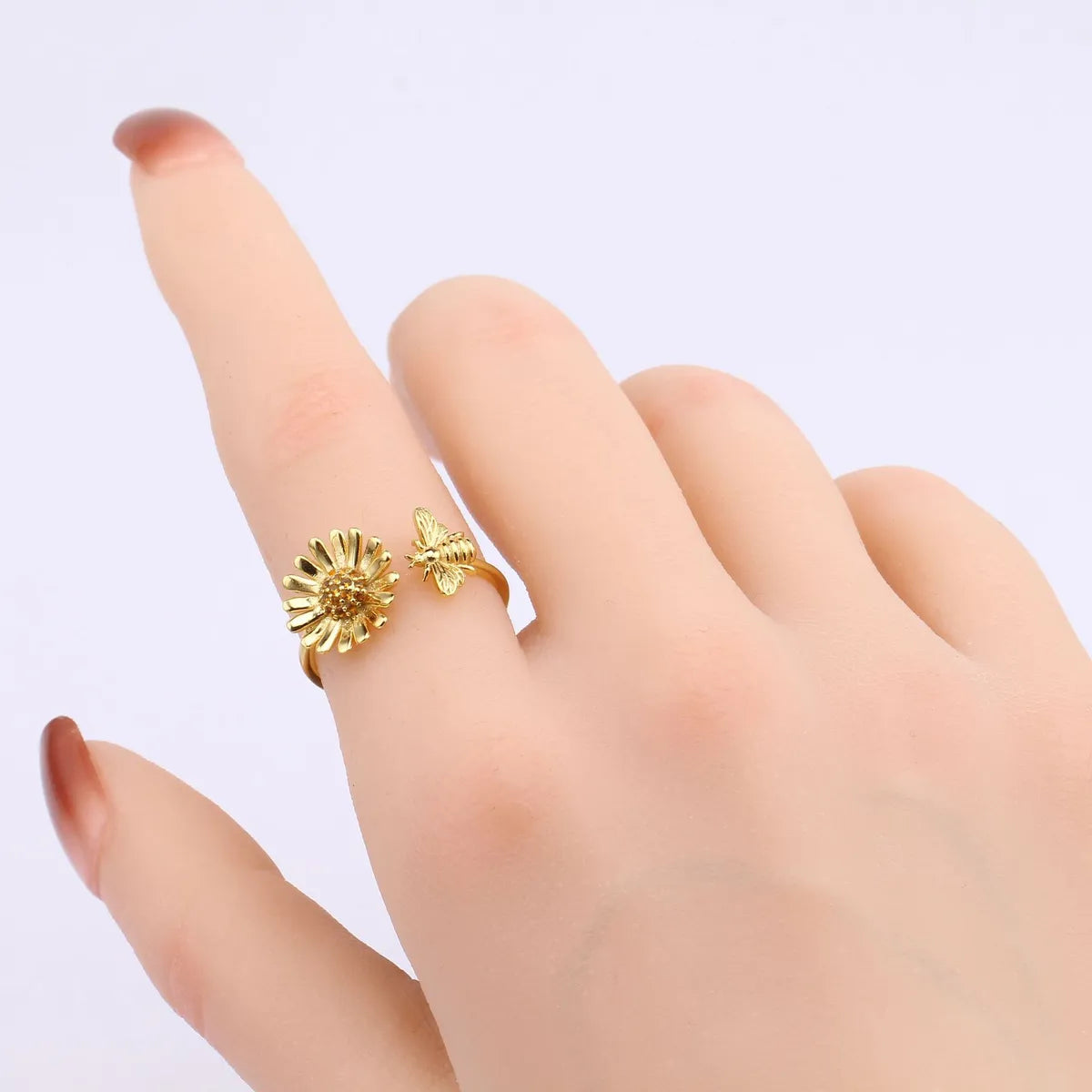 Wholesale Pastoral Artistic Sunflower Bee Sterling Silver White Gold Plated Gold Plated Zircon Open Ring