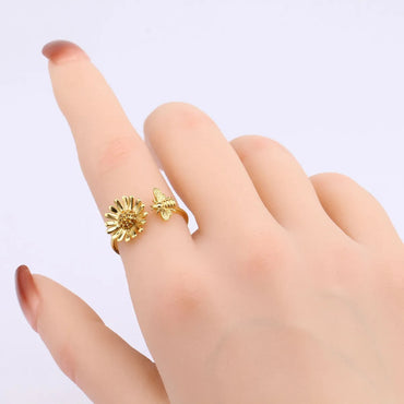 Wholesale Pastoral Artistic Sunflower Bee Sterling Silver White Gold Plated Gold Plated Zircon Open Ring