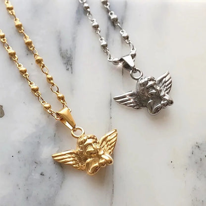 Retro Angel Titanium Steel Plating 18k Gold Plated Pendant Necklace