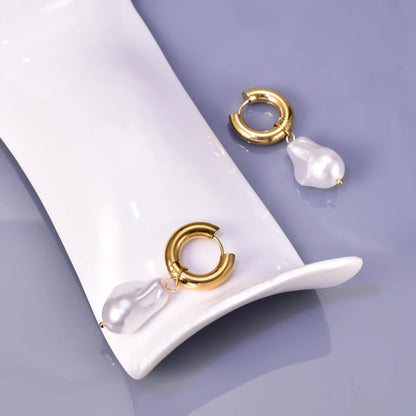 Fashion Irregular Titanium Steel Earrings Gold Plated Artificial Pearls Stainless Steel Earrings