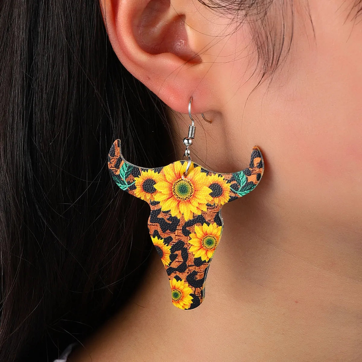 Wholesale Retro Bull Head Sunflower Leather Earrings Gooddiy