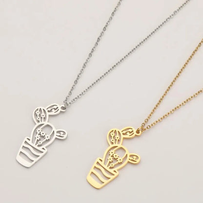 Wholesale Retro Cactus Stainless Steel Titanium Steel Gold Plated Pendant Necklace