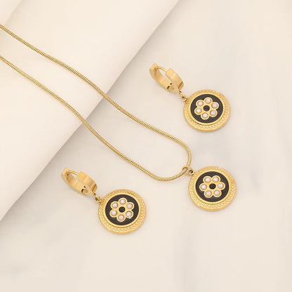 Wholesale Retro Commute Round Stainless Steel Enamel Inlay Artificial Pearls Earrings Necklace