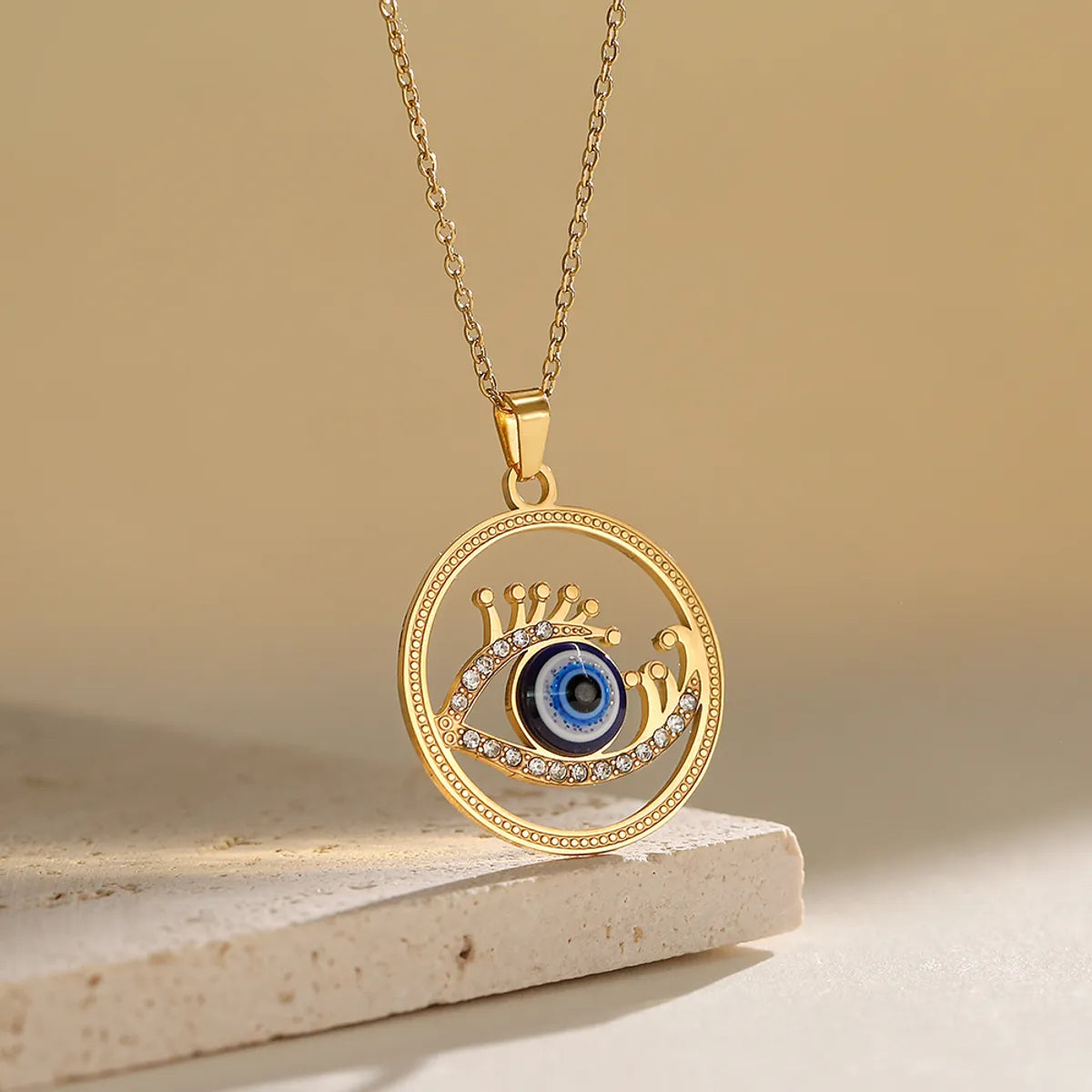 Wholesale Retro Devil's Eye Titanium Steel 18k Gold Plated Zircon Pendant Necklace