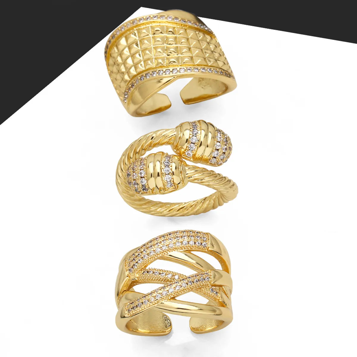 Wholesale Retro Geometric Copper Plating Inlay 18K Gold Plated Zircon Rings