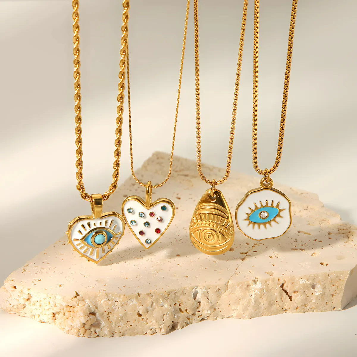 Retro Irregular Square Heart Shape Stainless Steel Polishing Plating Inlay Turquoise 18k Gold Plated Pendant Necklace