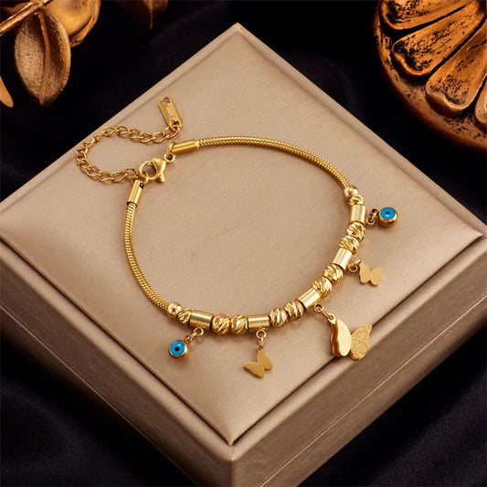 Retro Korean Style Butterfly 304 Stainless Steel 18K Gold Plated Turquoise Bracelets In Bulk