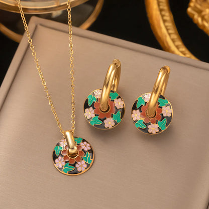 Wholesale Jewelry Retro Leaf Flower 304 Stainless Steel 18K Gold Plated Enamel Earrings Necklace