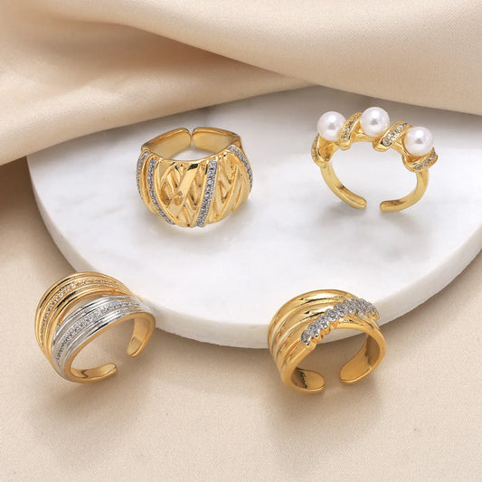 Wholesale Retro Simple Style Geometric Copper Plating Inlay 18K Gold Plated Zircon Rings