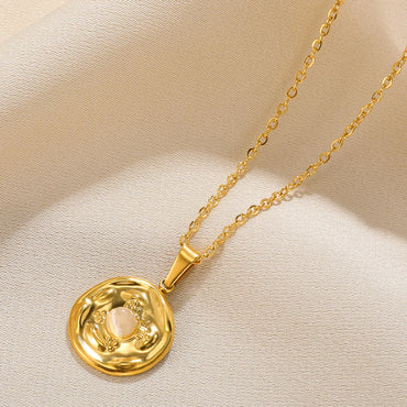 Wholesale Retro Simple Style Round Stainless Steel Plating Inlay 18k Gold Plated Turquoise Pendant Necklace