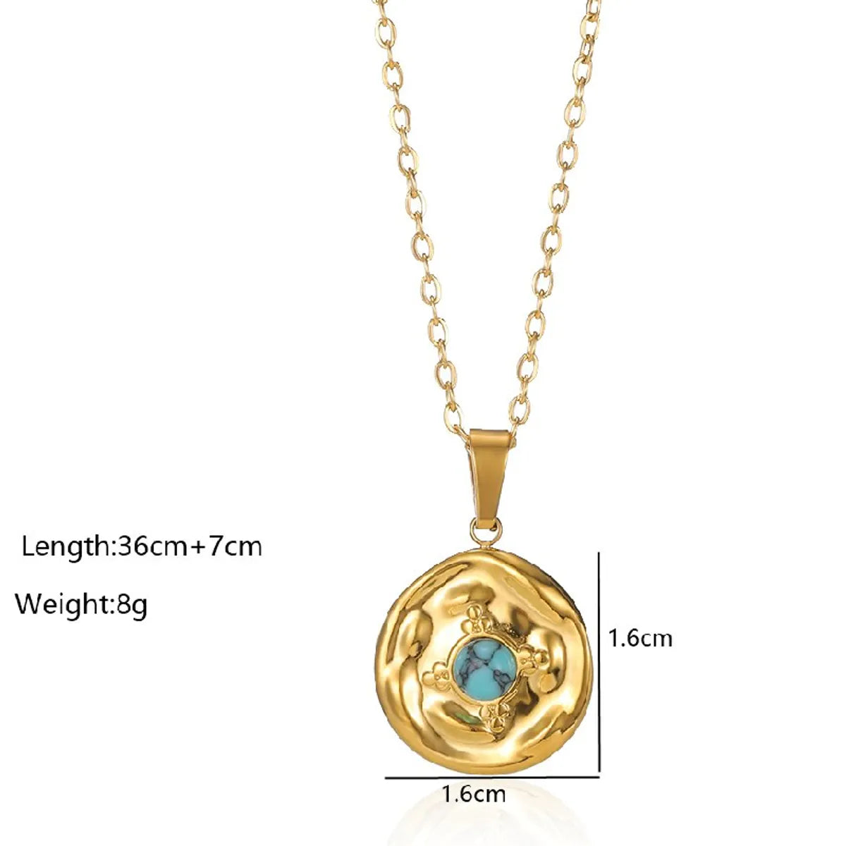 Wholesale Retro Simple Style Round Stainless Steel Plating Inlay 18k Gold Plated Turquoise Pendant Necklace