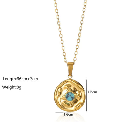 Wholesale Retro Simple Style Round Stainless Steel Plating Inlay 18k Gold Plated Turquoise Pendant Necklace