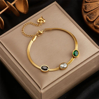 Retro Solid Color Titanium Steel Plating Inlay Rhinestones 18k Gold Plated Bracelets