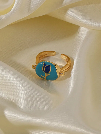 Wholesale Retro Sweet Rose Copper Enamel 18K Gold Plated Open Rings