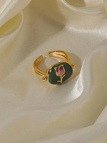 Wholesale Retro Sweet Rose Copper Enamel 18K Gold Plated Open Rings