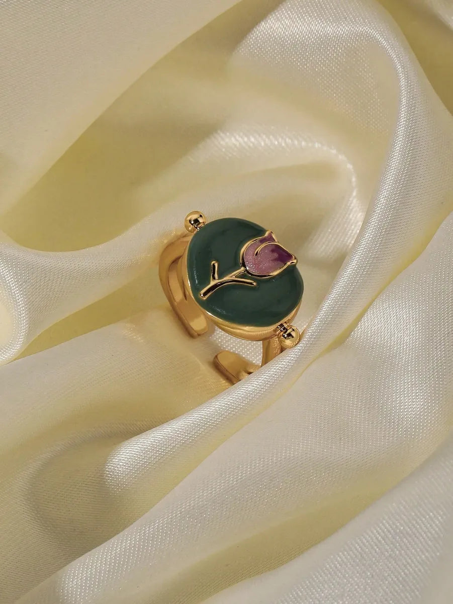 Wholesale Retro Sweet Rose Copper Enamel 18K Gold Plated Open Rings