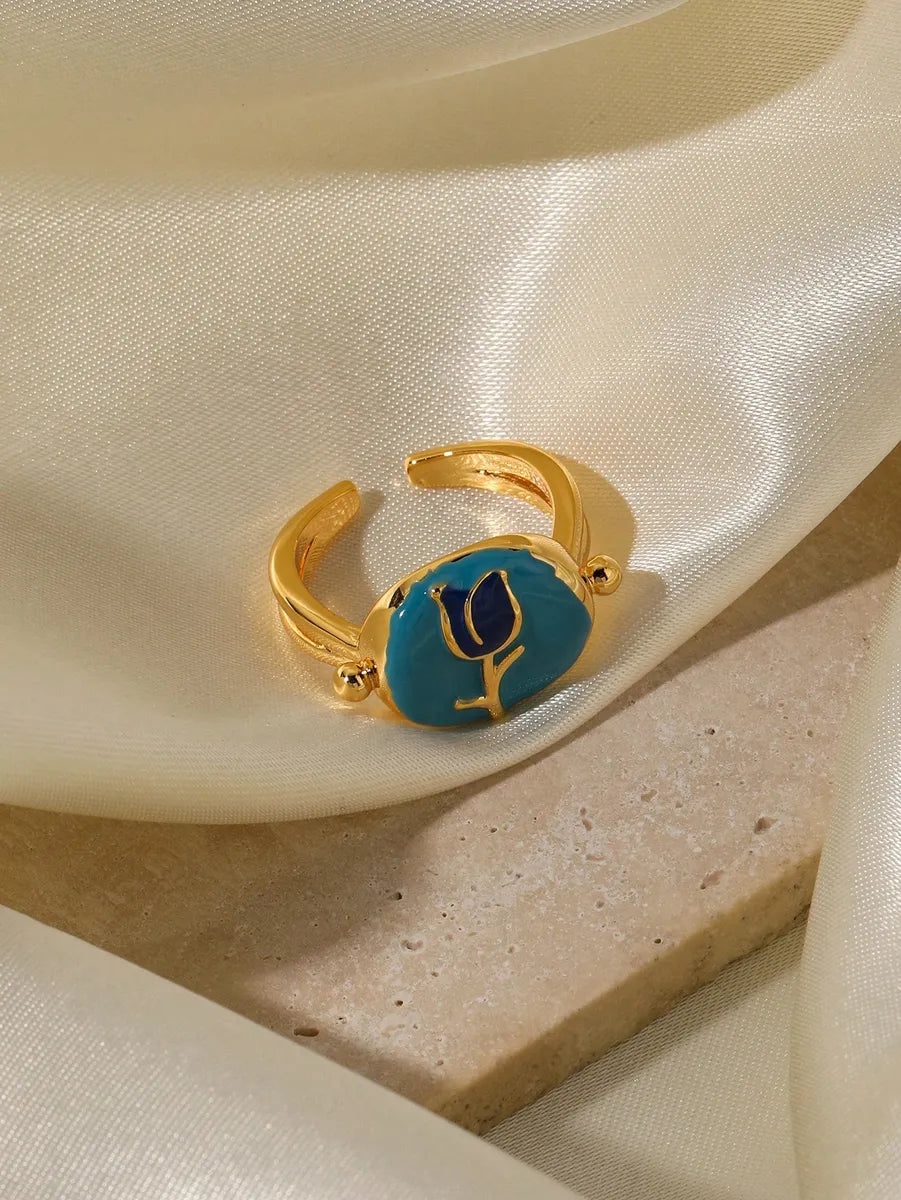 Wholesale Retro Sweet Rose Copper Enamel 18K Gold Plated Open Rings