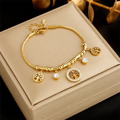 Retro Tree Titanium Steel Plating Inlay Artificial Diamond 18k Gold Plated Bracelets